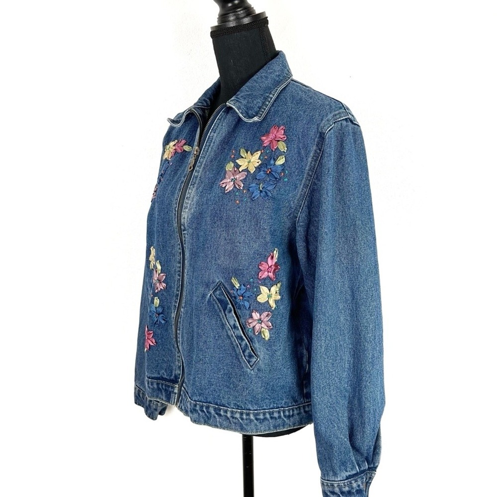 Vintage Womens Floral Embroidered Denim Jean Jacket LG Cottagecore Shabby Chic - Picture 5 of 12